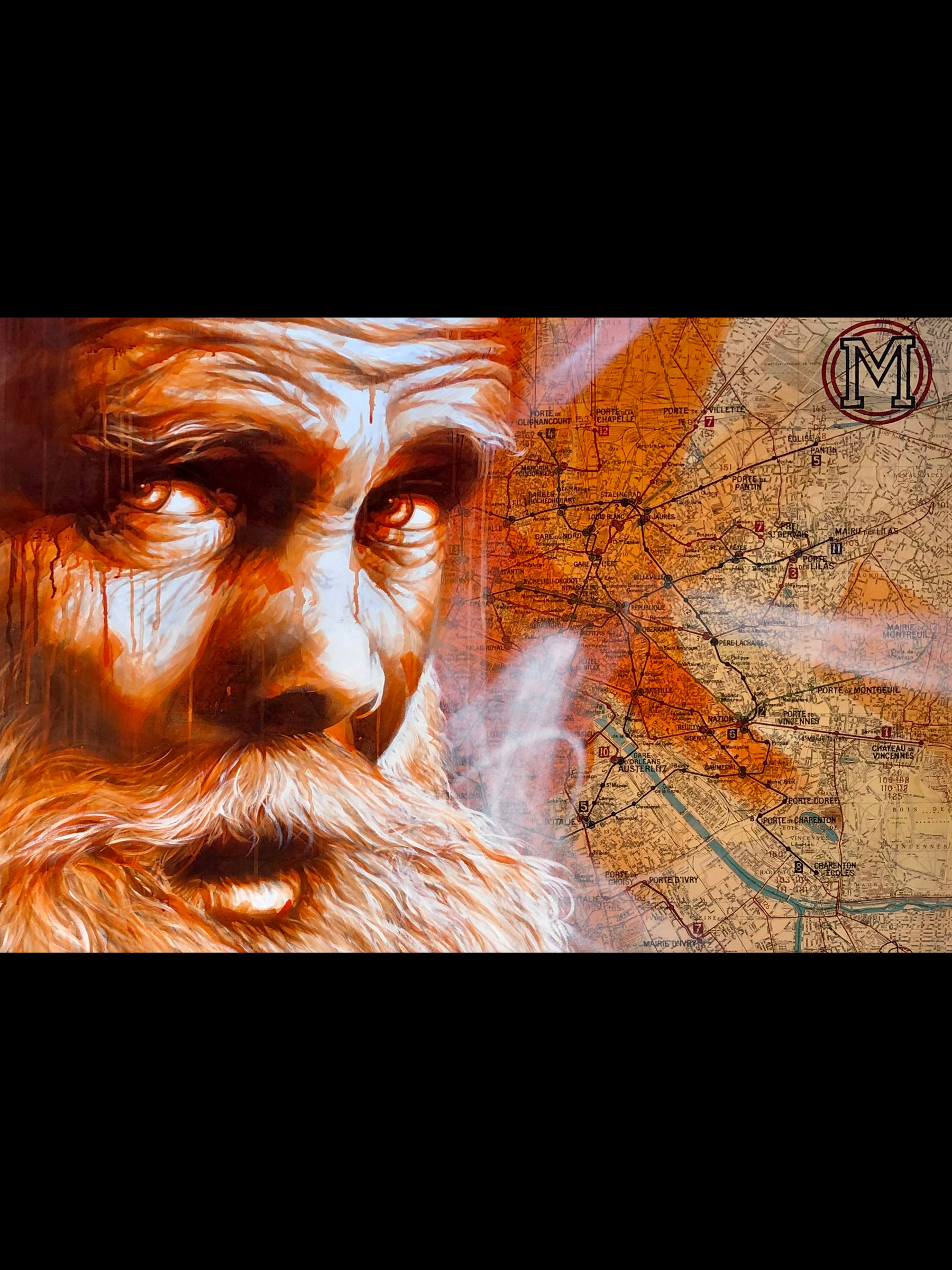 Œuvre de Dan23 sur la carte du métro parisien pour l'exposition Dans ses artères coule la vie à Fluctuart.