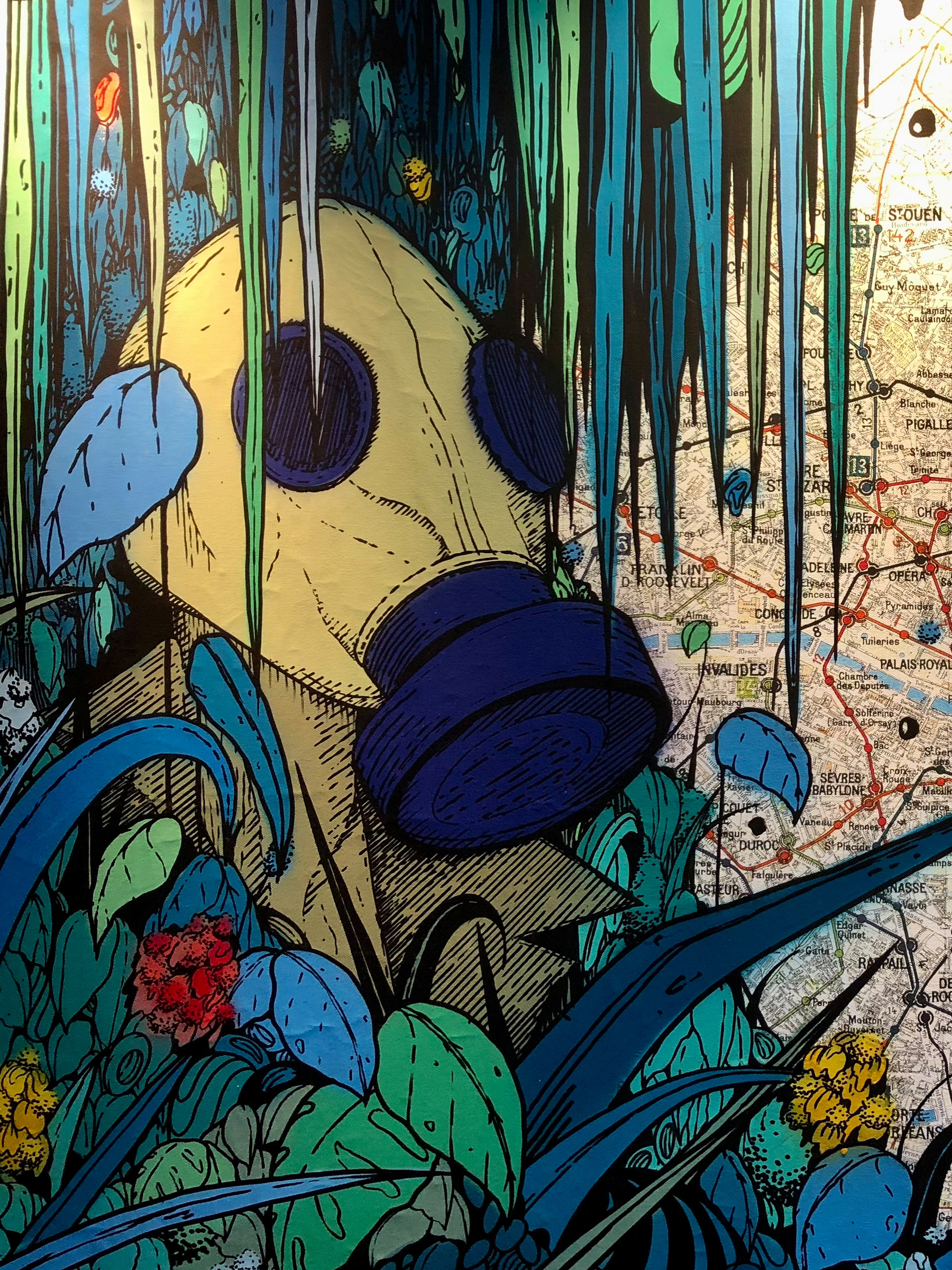 Œuvre de Nesta sur la carte du métro parisien pour l'exposition Dans ses artères coule la vie à Fluctuart.