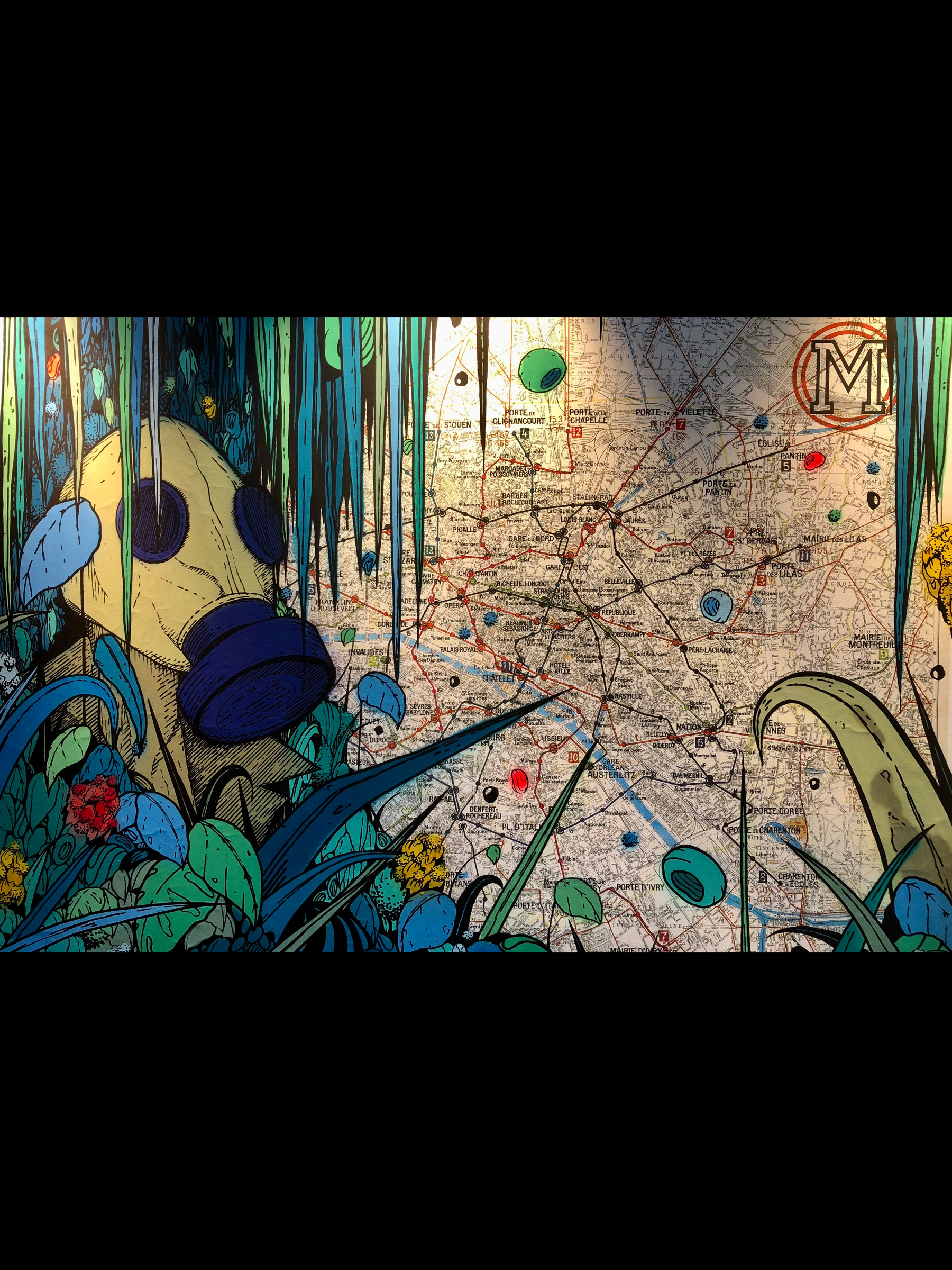 Œuvre de Nesta sur la carte du métro parisien pour l'exposition Dans ses artères coule la vie à Fluctuart.