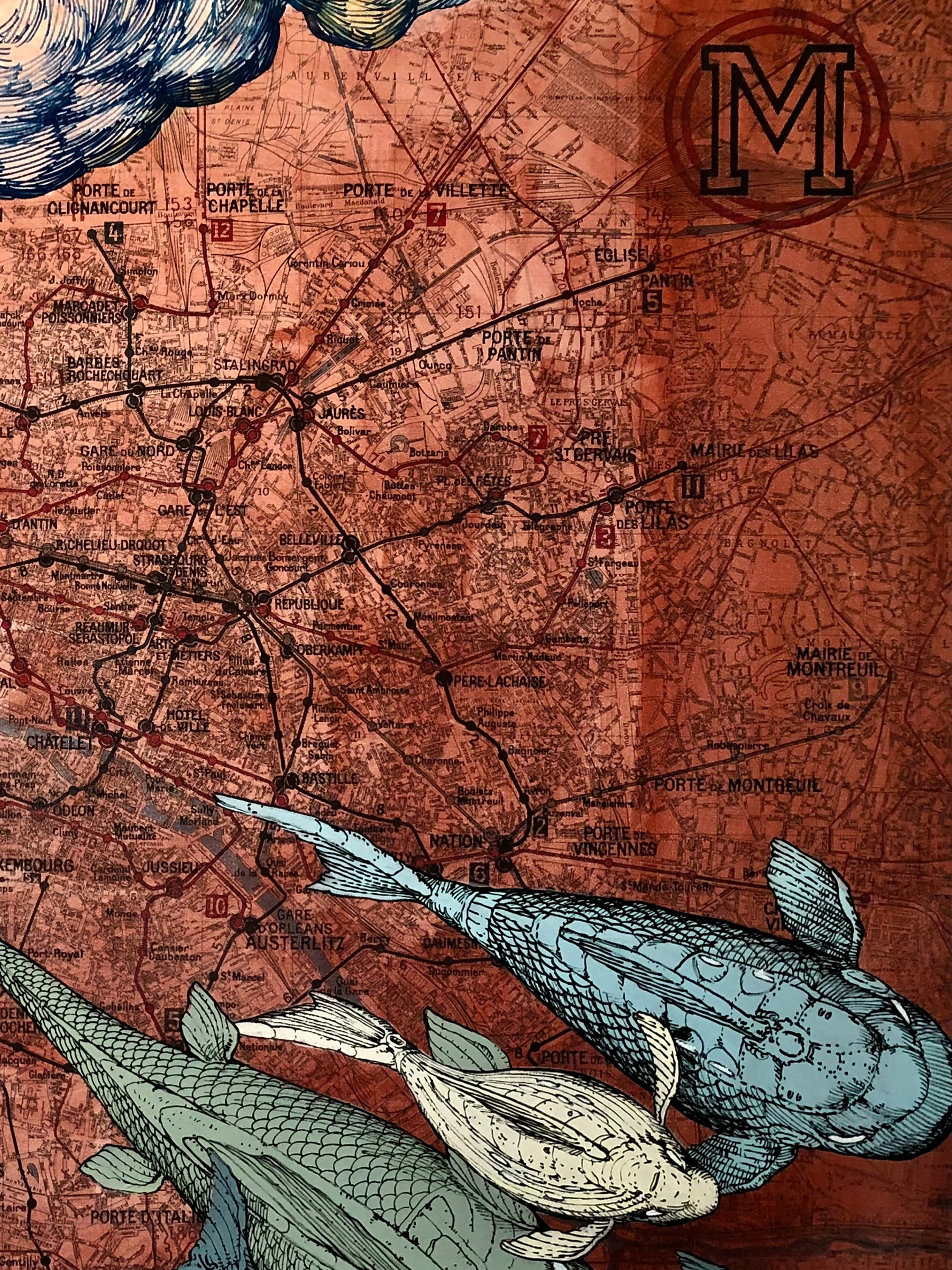 Œuvre de Nubian sur la carte du métro parisien pour l'exposition Dans ses artères coule la vie à Fluctuart.