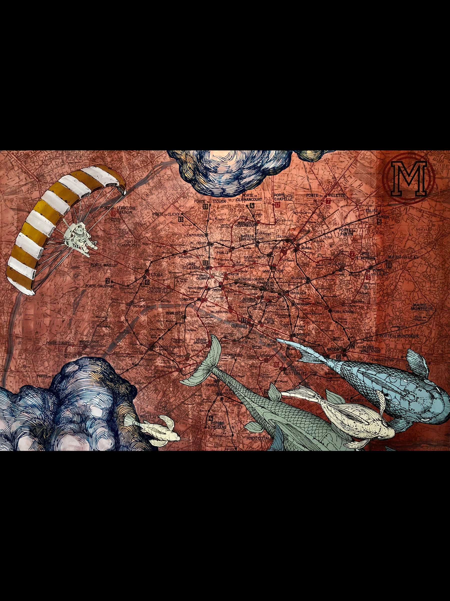 Œuvre de Nubian sur la carte du métro parisien pour l'exposition Dans ses artères coule la vie à Fluctuart.