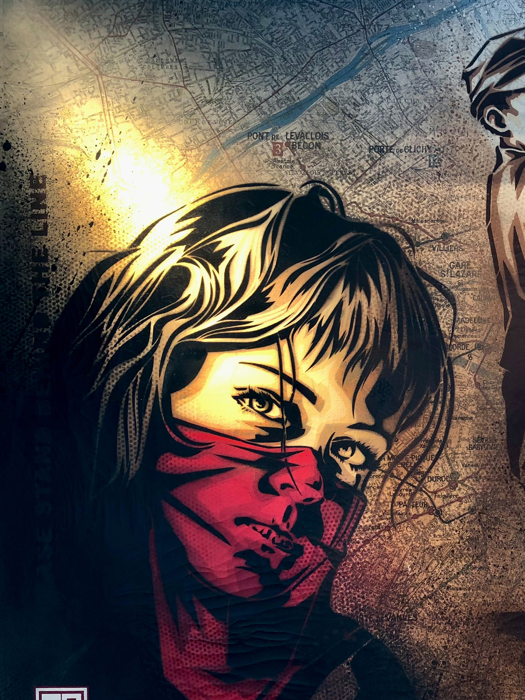 Œuvre de RNST sur la carte du métro parisien pour l'exposition Dans ses artères coule la vie à Fluctuart.