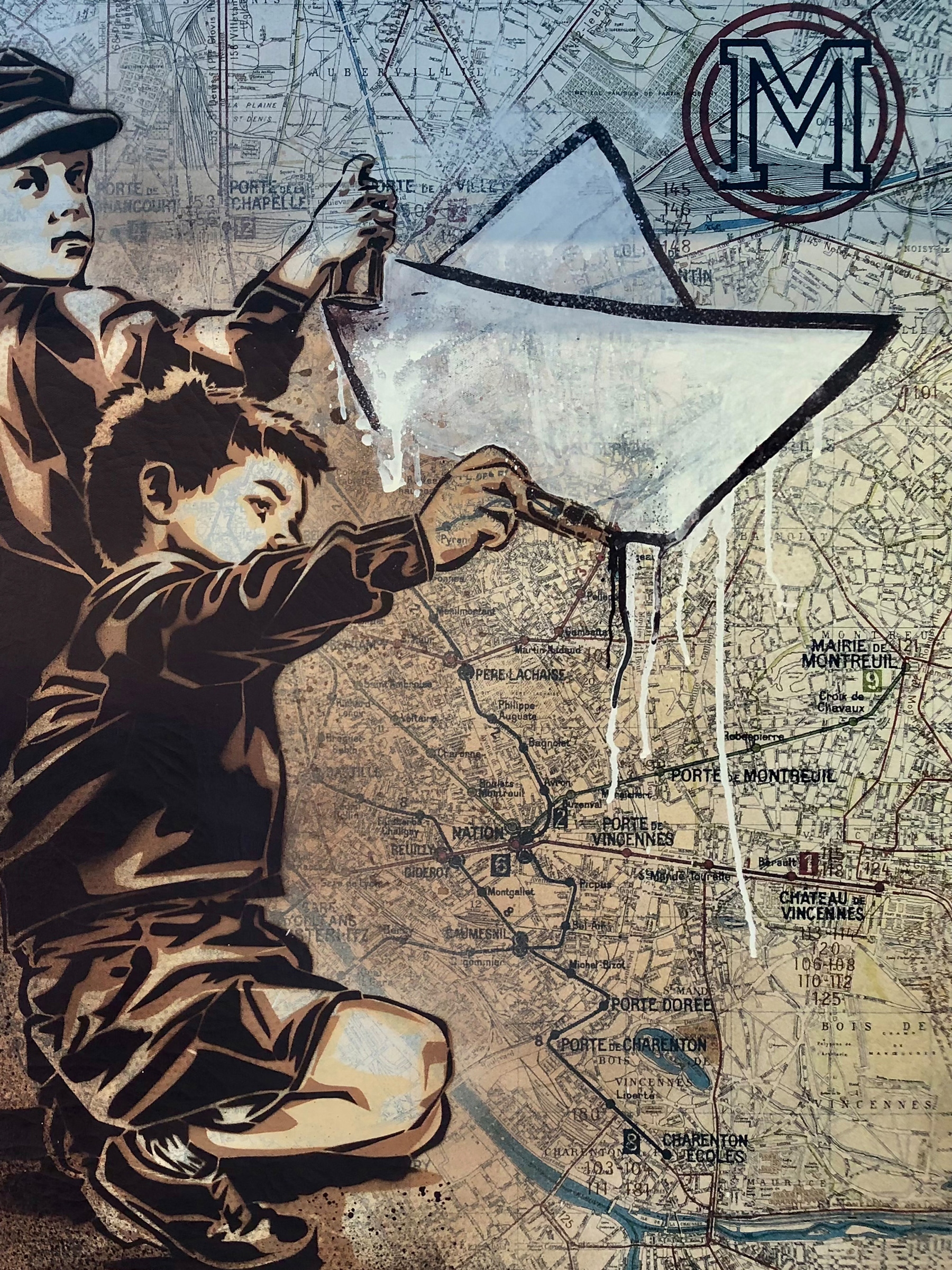 Œuvre de RNST sur la carte du métro parisien pour l'exposition Dans ses artères coule la vie à Fluctuart.