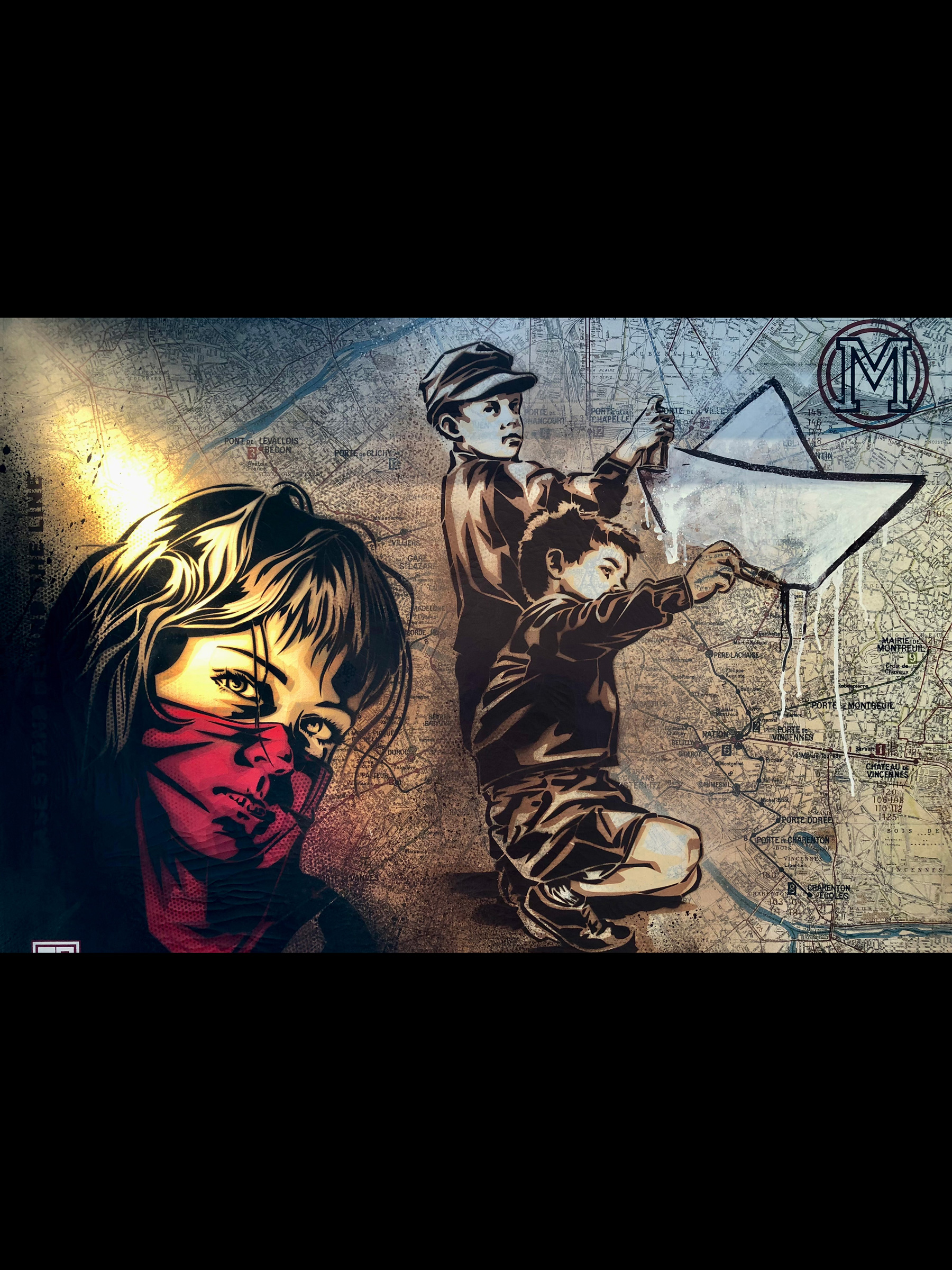 Œuvre de RNST sur la carte du métro parisien pour l'exposition Dans ses artères coule la vie à Fluctuart.