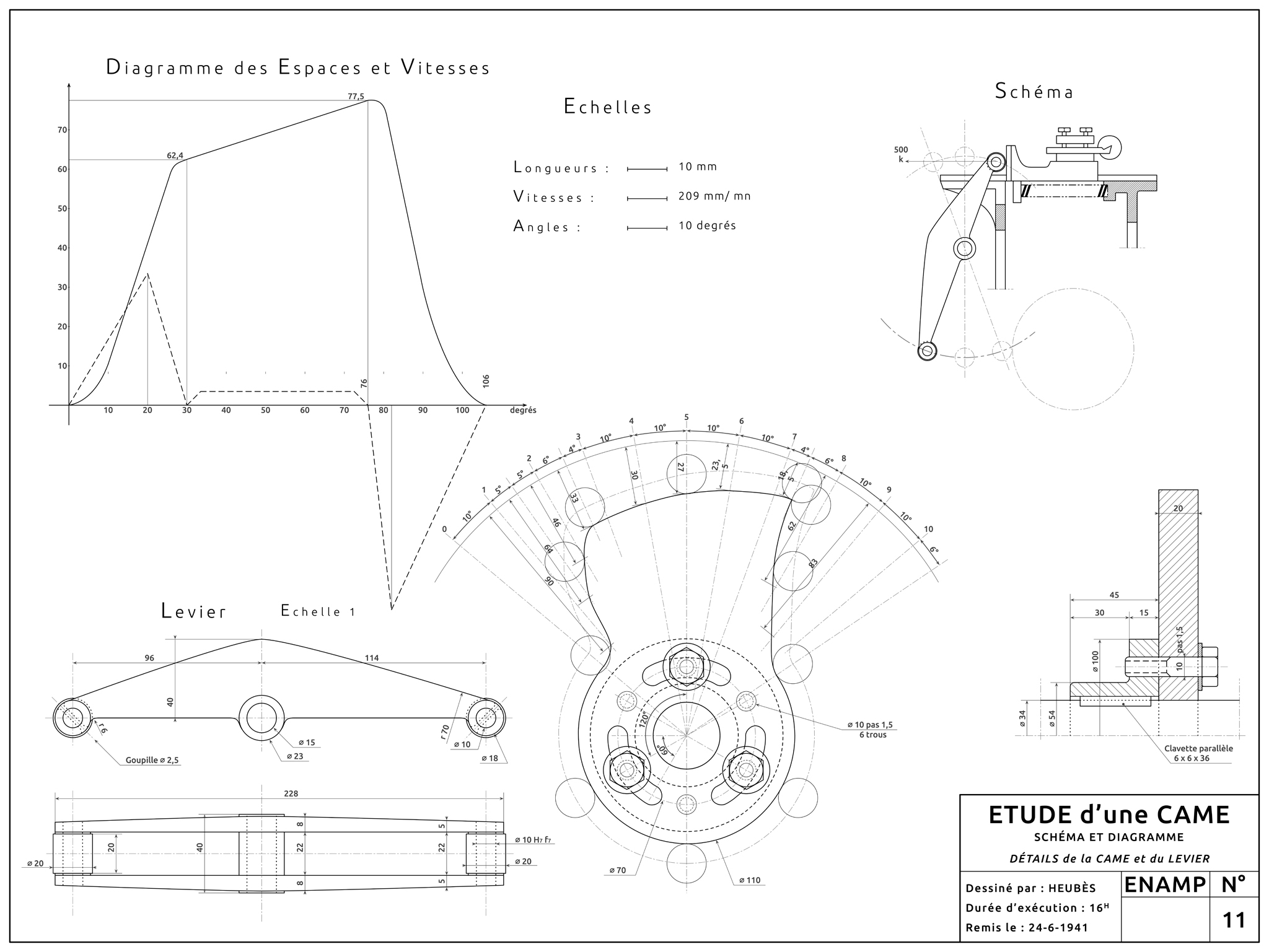 Etude d'une came - Schéma et diagramme - Détails de la came et du levier